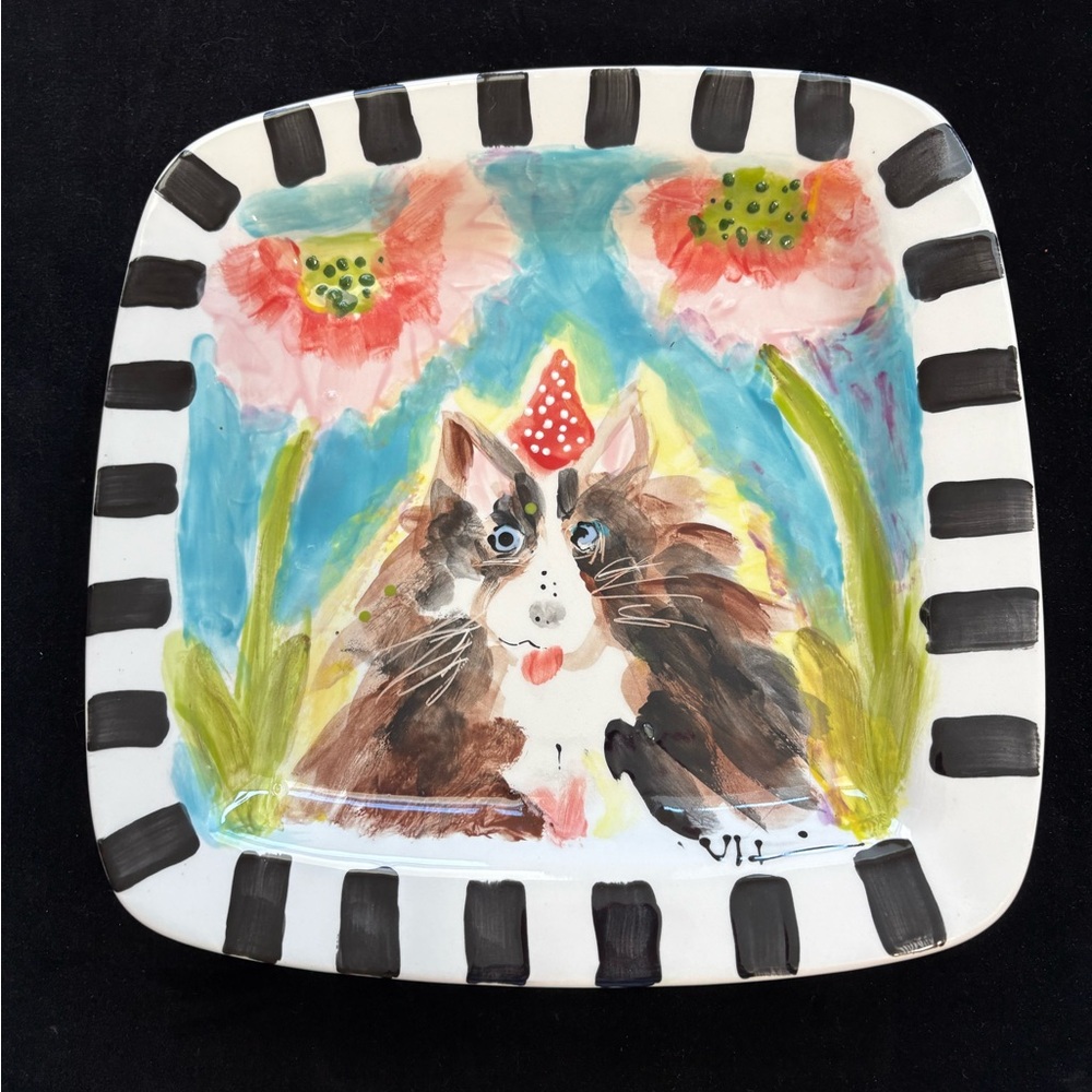 Beautiful Hand Painted “Adorable Dog” 10” Ceramic Plate Blue w/ Pink Flowers